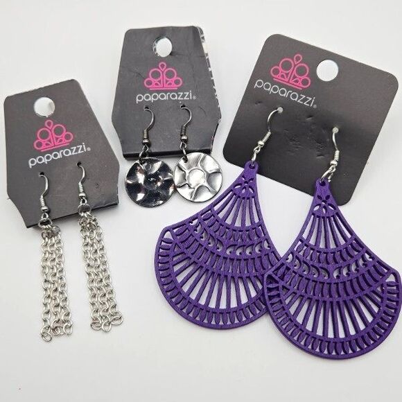 3 Pair New Paparazzi Drop Dangle Silvertone Hook Earrings - Picture 1 of 6